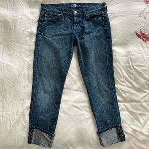 7 For All Mankind vintage dark wash blue cropped capri slim stud cuff jeans